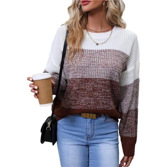 Women's Striped Color Block Sweater Long Sleeve Crewneck Casual Loose Fit Soft - Picture 1 of 6